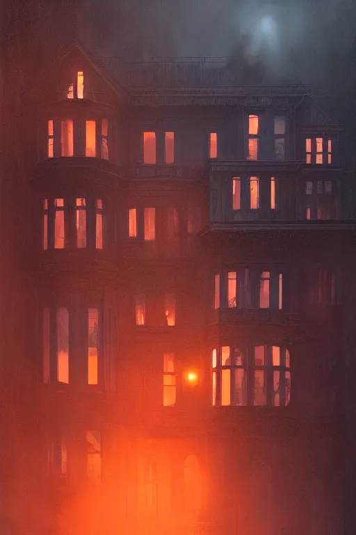 Image similar to A Victorian House of The Void with big orange eyeballs staring out from the windows, Red and Orange colored, Lovecraftian, 4k, masterpiece, cinematic, glowing, by Greg Rutkowski, Trending on Artstation, Behance. Polished, Volumetric Lighting