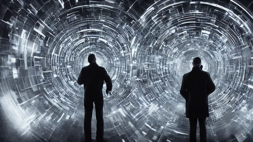 Image similar to movie scene of a man standing in front of a multiverse machine, movie still, cinematic composition, cinematic light, by andrzej zuławski