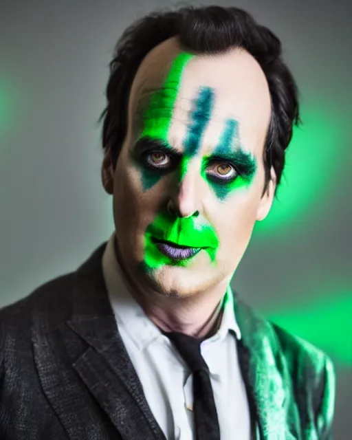 Image similar to Will Arnett as Beetlejuice, white makeup, green hair, cinematic lighting, 4k photograph