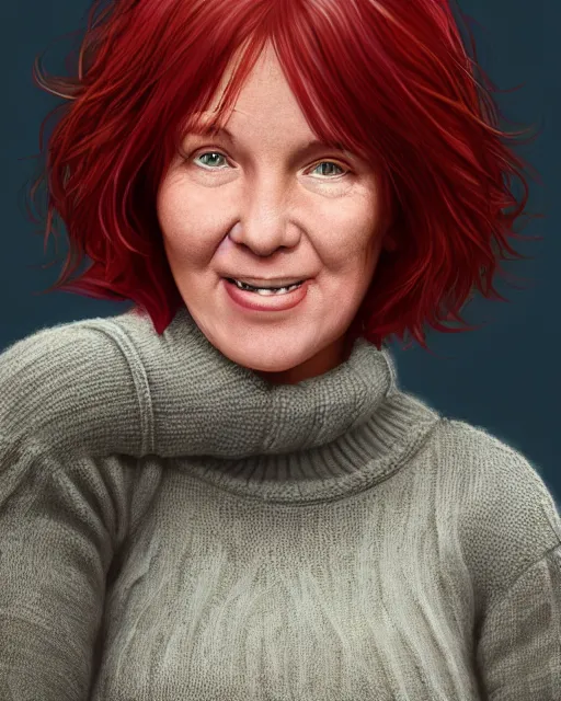 Prompt: portrait of happy short and plump 5 0 - year - old woman with red hair and, kind face, short hair, wearing in sweater, hyper realistic face, beautiful eyes, character art, art by mark brooks, hyperdetailed, cryengine, trending on artstation, digital art