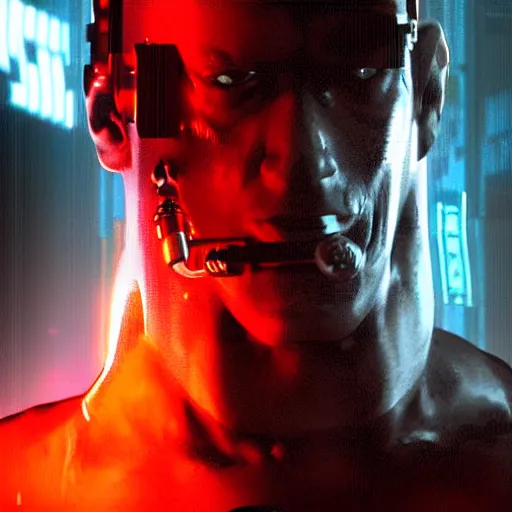 Image similar to full body portrait, cyberpunk rock golem as a soldier smoking a cigarette, still from the movie universal soldier, still from the movie terminator, fog, dramatic lighting, cinematic, 4 k, full body shot, backlit, rim lighting, full body photograph, sharp, cyberpunk, bladerunner, extreme detail, light rain, trending on artstation, spot light