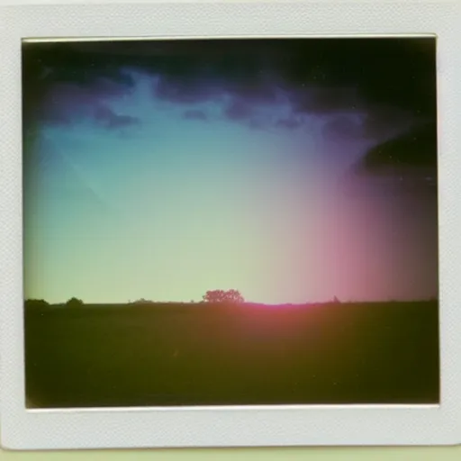 Image similar to a pastel coloured Polaroid photo of a large cube made of transparent iridescent perspex stood in a field, beams of light, nostalgic