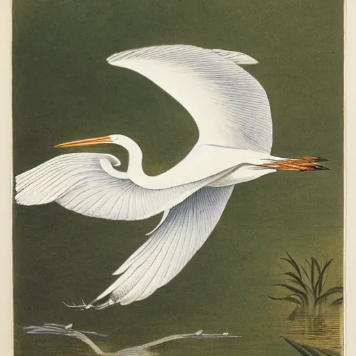 Prompt: a flying egret, by john-audubon