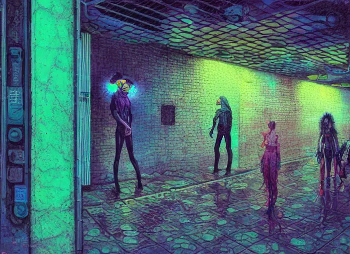 Prompt: reptile people exterior parking garage, bright cyberpunk neon, in the style of jeremy enecio, intricate, miles johnston, monet, cynical realism, john william godward, painterly, yoshitaka amano, miles johnston, louise zhang, pekka halonen, finnish naturalism, realism