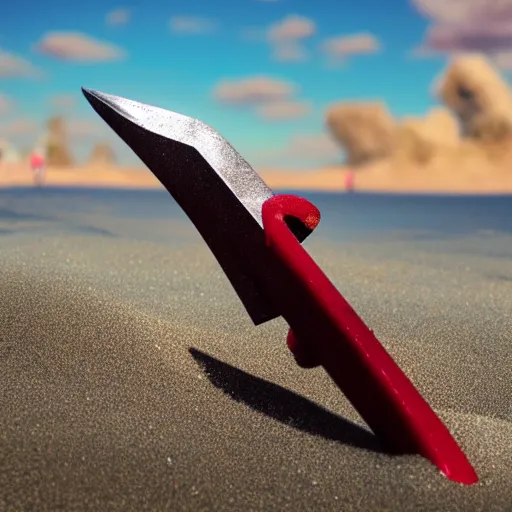 Prompt: a closeup photorealistic photograph of a red knife on the beach halfway covered with sand, fantastic four theme. bright scene. fine detail. this 4 k hd image is trending on artstation, featured on behance, well - rendered, extra crisp, features intricate detail, epic composition and the style of unreal engine.