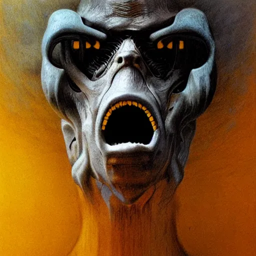 Prompt: Angry Cobalt Ram Portrait, dark fantasy, yellow, artstation, painted by Zdzisław Beksiński and Wayne Barlowe