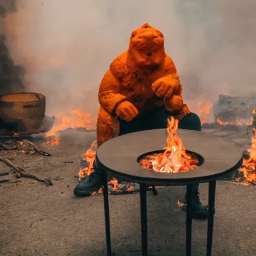 Image similar to an orange humanlike dog in his house, sitting at his table, a coffee on the table, surrounded by flames and fire, smoke above him