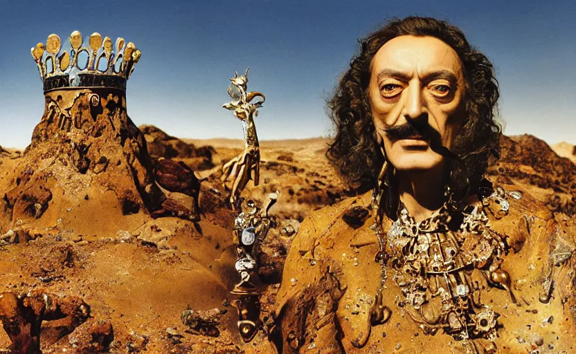 Image similar to portrait of salvador dali wearing a crown and golden dress with jewels in a dry rocky desert landscape, visible sky and sunny atmosphere, alien ruins by giger in the background, film still from the movie by alejandro jodorowsky with cinematogrophy of christopher doyle and art direction by hans giger, anamorphic lens, kodakchrome, very detailed photo, 8 k