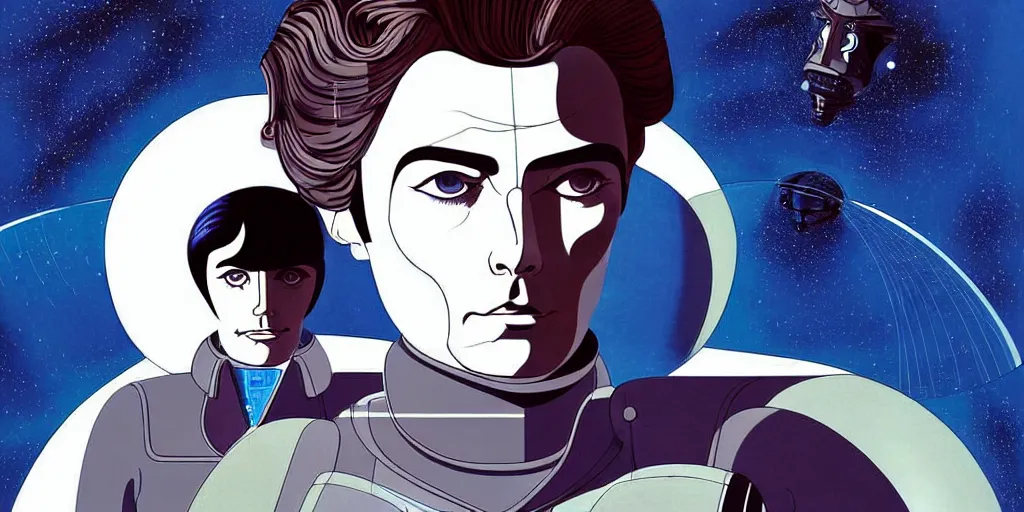 Image similar to a symmetrical portrait of lonely single Alain Delon alone pilot in posing in spaceship station planet captain bridge outer worlds robots extraterrestrial hyper contrast well drawn in Jean Henri Gaston Giraud The Masters of Time FANTASTIC PLANET La planète sauvage animation by René Laloux