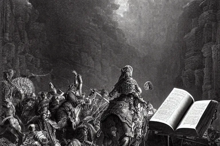 Image similar to highly detailed painting of big opened book, don quixote leave the book, symmetrical, masterpiece, by gene wolfe, highly detailed painting by gustave dore