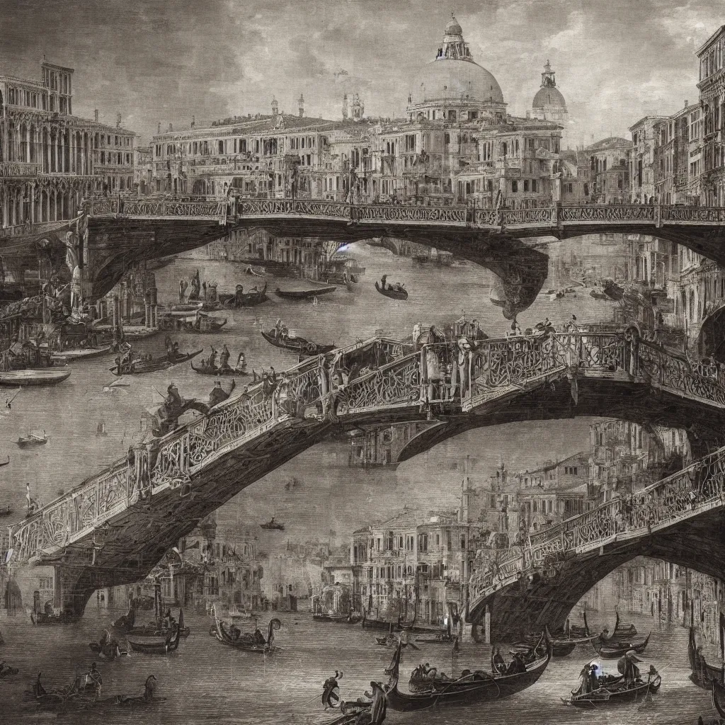 Image similar to venice bridges puzzle by piranesi, composition, cinematic, rule, grid