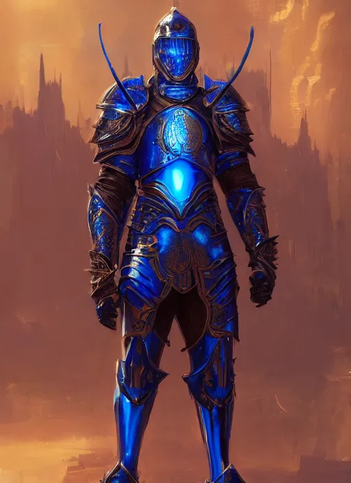 Prompt: a knight in amazing fantasy armor that glows, bursting with blue light, sleek, lightweight but imposing, light glowing from the seams. intricate and ornate. concept art from artstation. beautiful highly detailed fantasy painting by greg rutkowski