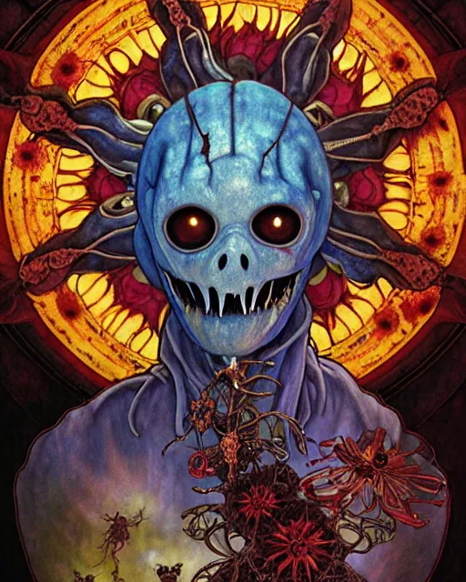 Image similar to the platonic ideal of flowers, rotting, insects and praying of cletus kasady carnage davinci dementor chtulu mandala howl's moving castle dinotopia bioshock the witcher, fantasy, ego death, decay, dmt, psilocybin, concept art by randy vargas and greg rutkowski and ruan jia and alphonse mucha