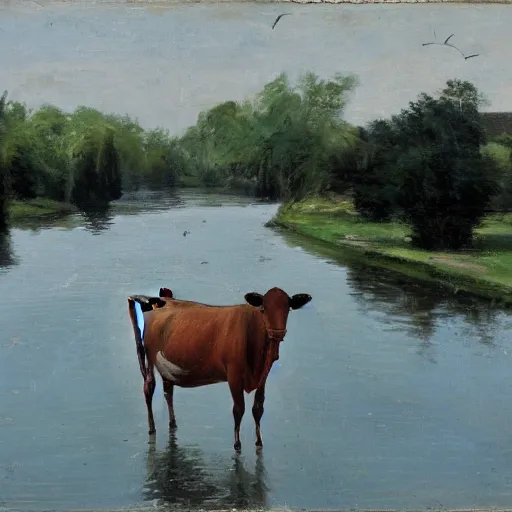 Image similar to a cow in a river, haagse school