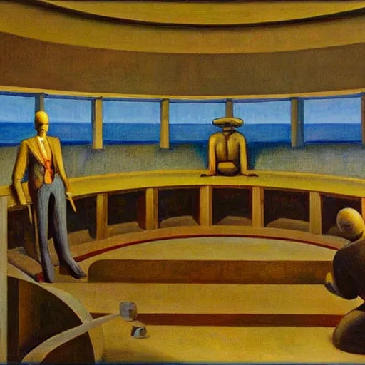 Prompt: death ray doomsday weapon observatory rotunda interior, dystopian, pj crook, edward hopper, oil on canvas