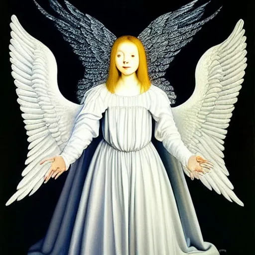 Image similar to highdetailed hyperrealistic painting of white angel!!! no gender smiling noface!!!, light instead of hands, white sparkles everywhere, 4 k hd face!!!, big silver high detailed wings!!!, renaissance, by jan van eyck, by gerhard richter, holography space, glow effect, large strokes, monochrome!!!!!