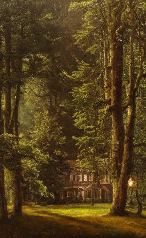 Prompt: portrait of a victorian manor house in a pine forest, well lit, detailed, cinematic lighting, oil painting