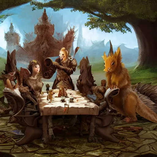 Image similar to matte painting of dragon slayer ornstein having a tea party with squirrels