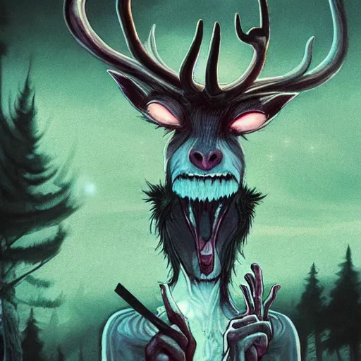 Image similar to 4 k headshot portrait of a psychedelic demonic anthropomorphic deer - horned wendigo smoking a hand - rolled cigarette smoking heavily, magic mushroom village in background. award winning. superb resolution. in the art style of junji ito and greg rutkowski. detailed mushroom city in background. hyper realistic anime. perfect art. dalle 2