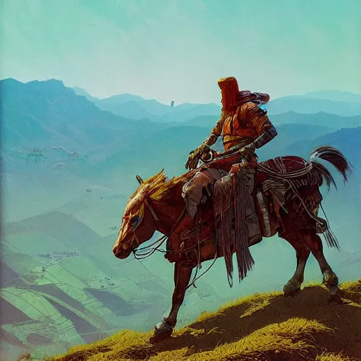 Prompt: cyberpunk afghan cowboy outrider standing atop a ridge, viewing rolling hills covered in rice terraces. c. leyendecker, simon stalenhag, studio ghibli, barlowe, audobon and beksinski