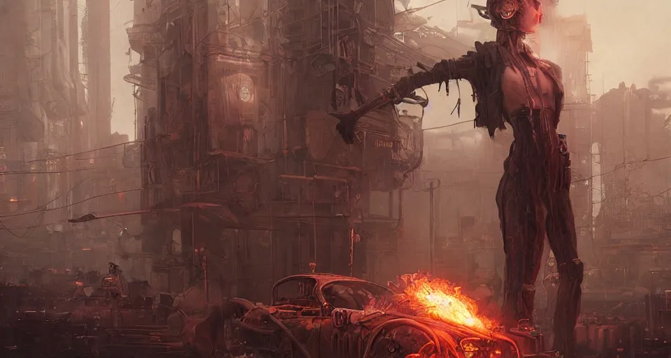 Image similar to a highly detailed epic cinematic concept art CG render digital painting artwork scene: a corpse revived with a smoking combustion engine. retrofuturistic 1920s cyberpunk steampunk. By Greg Rutkowski, Ilya Kuvshinov, WLOP, Stanley Artgerm Lau, Ruan Jia and Fenghua Zhong, trending on ArtStation, made in Maya, Blender and Photoshop, octane render, excellent composition, cinematic dystopian brutalist atmosphere, dynamic dramatic cinematic lighting, aesthetic, very inspirational, arthouse
