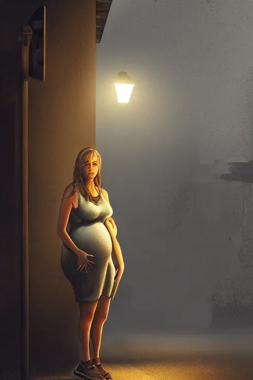 Image similar to pregnant woman under street light, highly detailed, sharp focused, ultra realistic digital concept art by Eugenio Álvarez Dumont