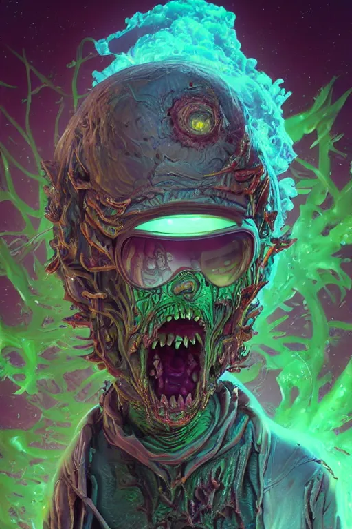 Image similar to rick and morty fused with a lovecraft space zombie wearing a damaged helmet, photo, portrait, 3d, high details, intricate details, by vincent di fate, artgerm julie bell beeple, 90s, Smooth gradients, octane render, 8k, High contrast, duo tone, depth of field, very coherent symmetrical artwork