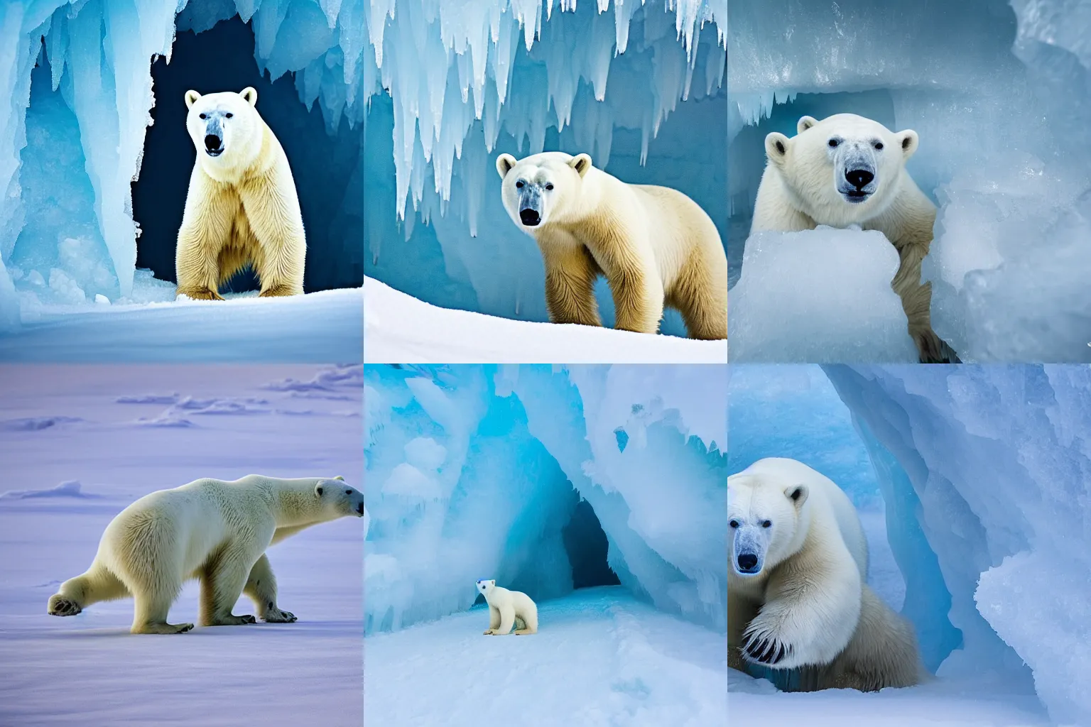 Prompt: Polar bear exploring an ice cave. Wildlife photography.