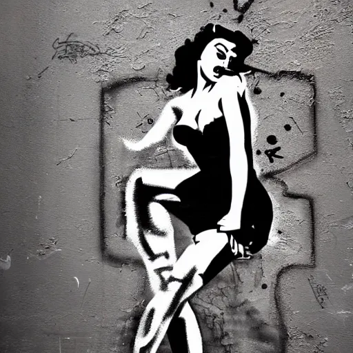 Image similar to rough rugged graffiti of a pinup girl on a black wall