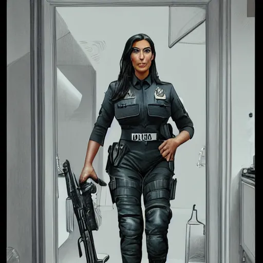 Image similar to kim kardashian as a cop, police uniform, full body view, full pov, haunted house interior, pretty, aesthetic, dust molecules, matte detailed photo, DeviantArt, Artstation, by donato giancola, ralph horley, loish, cinematic lighting