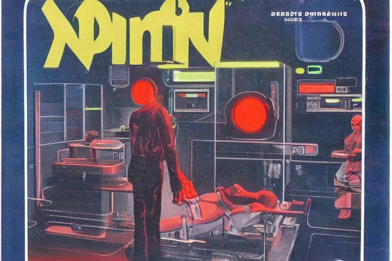 Image similar to 1979 OMNI Magazine Cover of a denture laboratory. in cyberpunk style by Vincent Di Fate