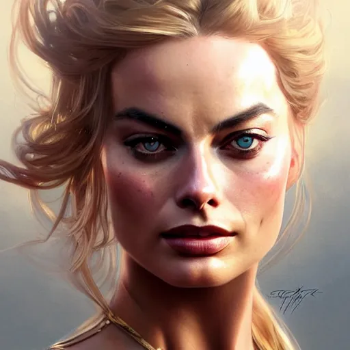 Image similar to Margot Robbie, western, closeup, D&D, fantasy, intricate, elegant, highly detailed, digital painting, artstation, concept art, matte, sharp focus, illustration, art by Artgerm and Greg Rutkowski and Alphonse Mucha