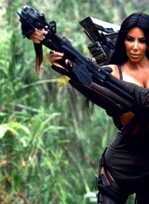 Prompt: film still of kim kardashian being held up in the air by predator in the movie predator.