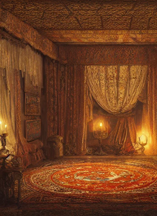 Prompt: detailed interior of medieval queen commander's tent, persian carpets, lamps, in the style of charles sillem lidderdale, in the style of greg rutkowski, artstation, high quality art