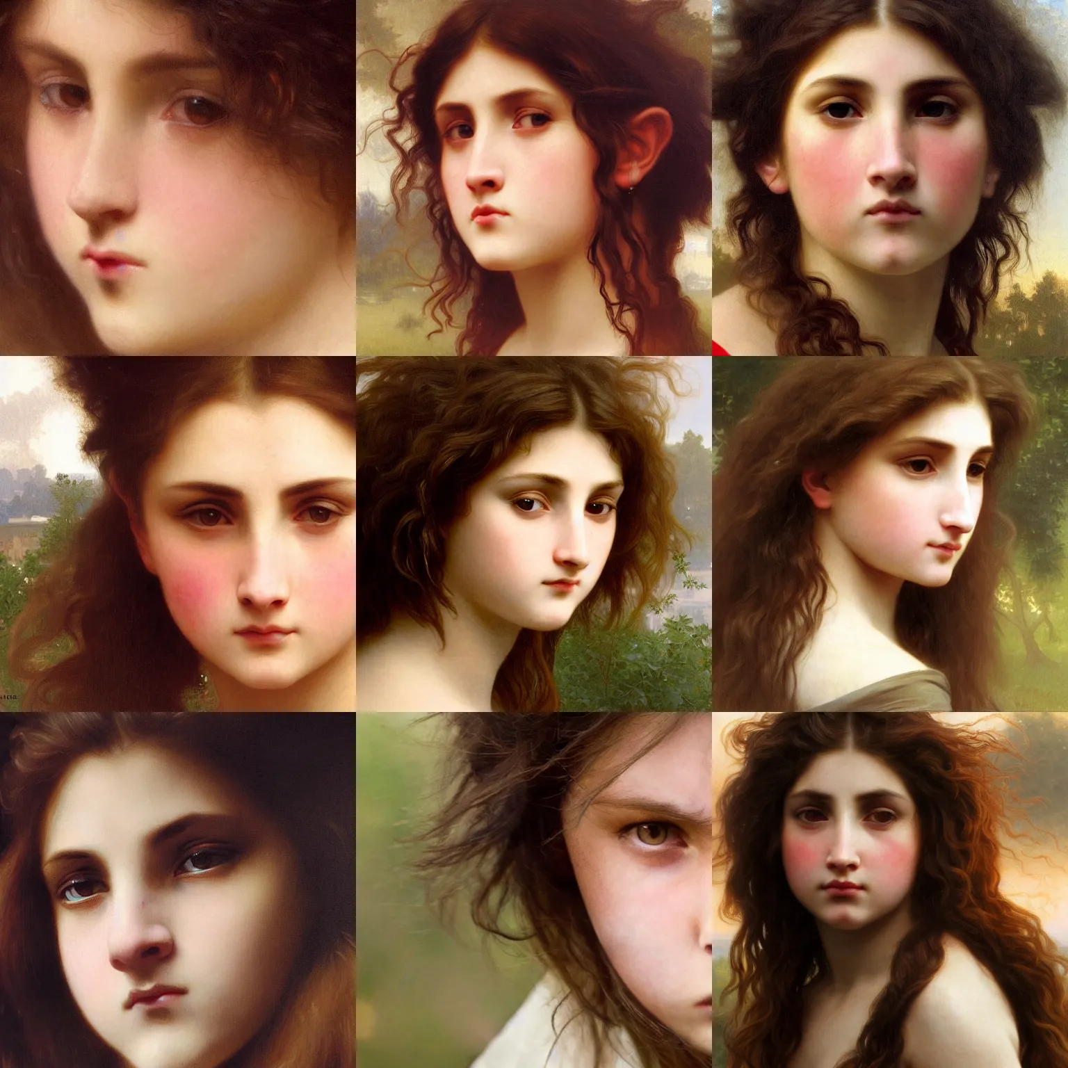 Prompt: close up of brunette angry girl , her face is a lion . Art by William-Adolphe Bouguereau. During golden hour. Extremely detailed. Beautiful. 4K. Award winning.