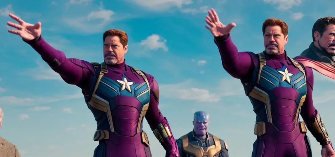 Image similar to a very high resolution image from a new movie. thanos waving at tony stark while capitan america watches on a lake, photorealistic, photography, directed by wes anderson