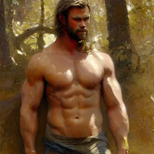 Image similar to Chris Hemsworth with a hairy shredded body type, painting by Gaston Bussiere, Craig Mullins