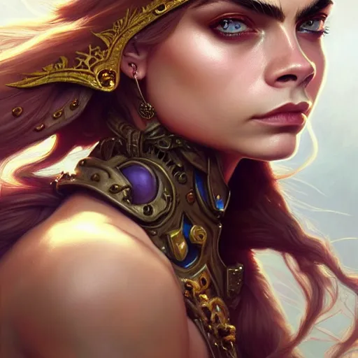 Image similar to Cara Delevingne, closeup, D&D, fantasy, intricate, elegant, highly detailed, digital painting, artstation, concept art, matte, sharp focus, illustration, hearthstone, art by Artgerm and Greg Rutkowski and Alphonse Mucha