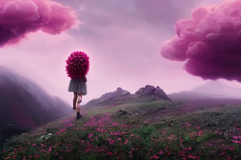 Image similar to giant dahlia flower on her head, girl walking on mountain, surreal photography, pink storm clouds, dramatic light, impressionist painting, digital painting, artstation, simon stalenhag