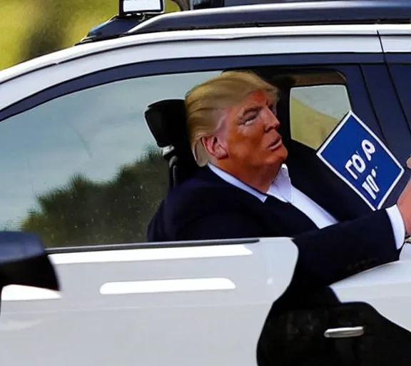 Image similar to close up photo donald trump driving white suv, freeway, police cars, ap news photo