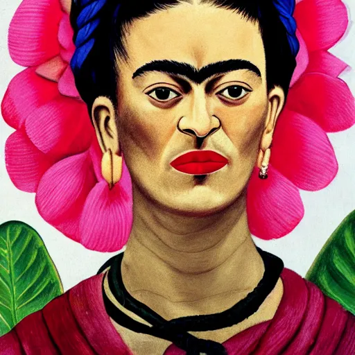 Prompt: a portrait of frida kahlo, with colorful flowers in her hair