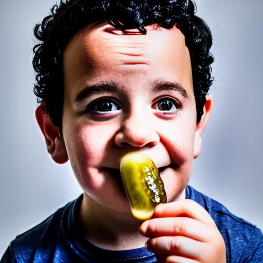 Image similar to fred savage eating a pickle, ( sony a 7 r iv, symmetric balance, polarizing filter, photolab, lightroom, 4 k, dolby vision, photography awardm, voque, perfect face )