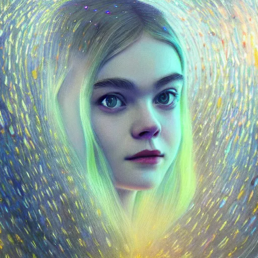 Prompt: portrait of a elle fanning in a bioluminescent alien garden, detailed realism face in painting, detailed beautiful portrait, oil painting masterpiece, 8 k resolution, smooth, sharp focus, trending on artstation, by rembrandt