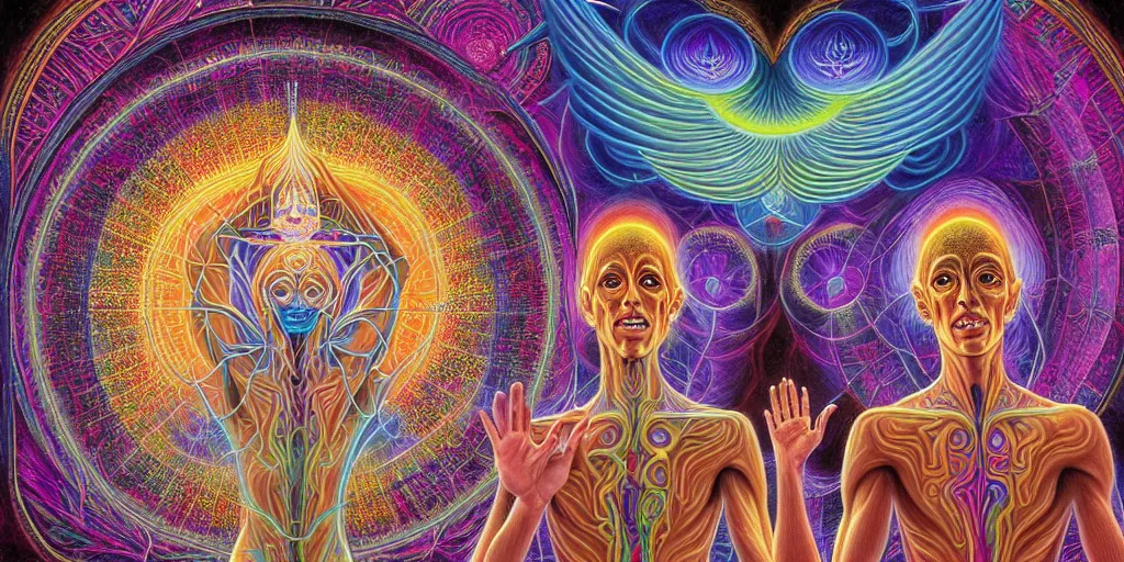 Prompt: detailed portrait of a dmt time elf waving to a passing soul energy, dmt portrait of ethereal time elves displaying their soul frequency, cathedral background, masterpiece composition, 8 k resolution, ultra fine illustration, art by alex grey and tokio aoyama, highly detailed,