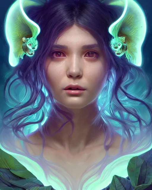 Prompt: portrait of a cute female creature, bioluminescent, claws, horror, happy, highly detailed, digital painting, cinematic, hyperrealism, dark retrowave, art by stanley lau and artgerm and magali villeneuve and alphonse mucha, artstation, octane render, cgsociety