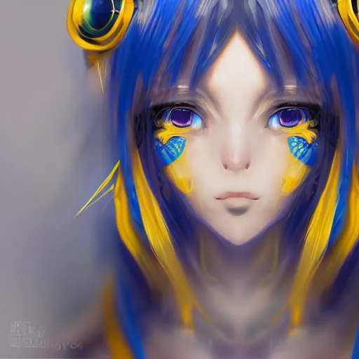 Image similar to a portrait of anime ukrainian blue and yellow girl, concept art, trending on artstation, highly detailed, intricate, sharp focus, digital art, 8 k