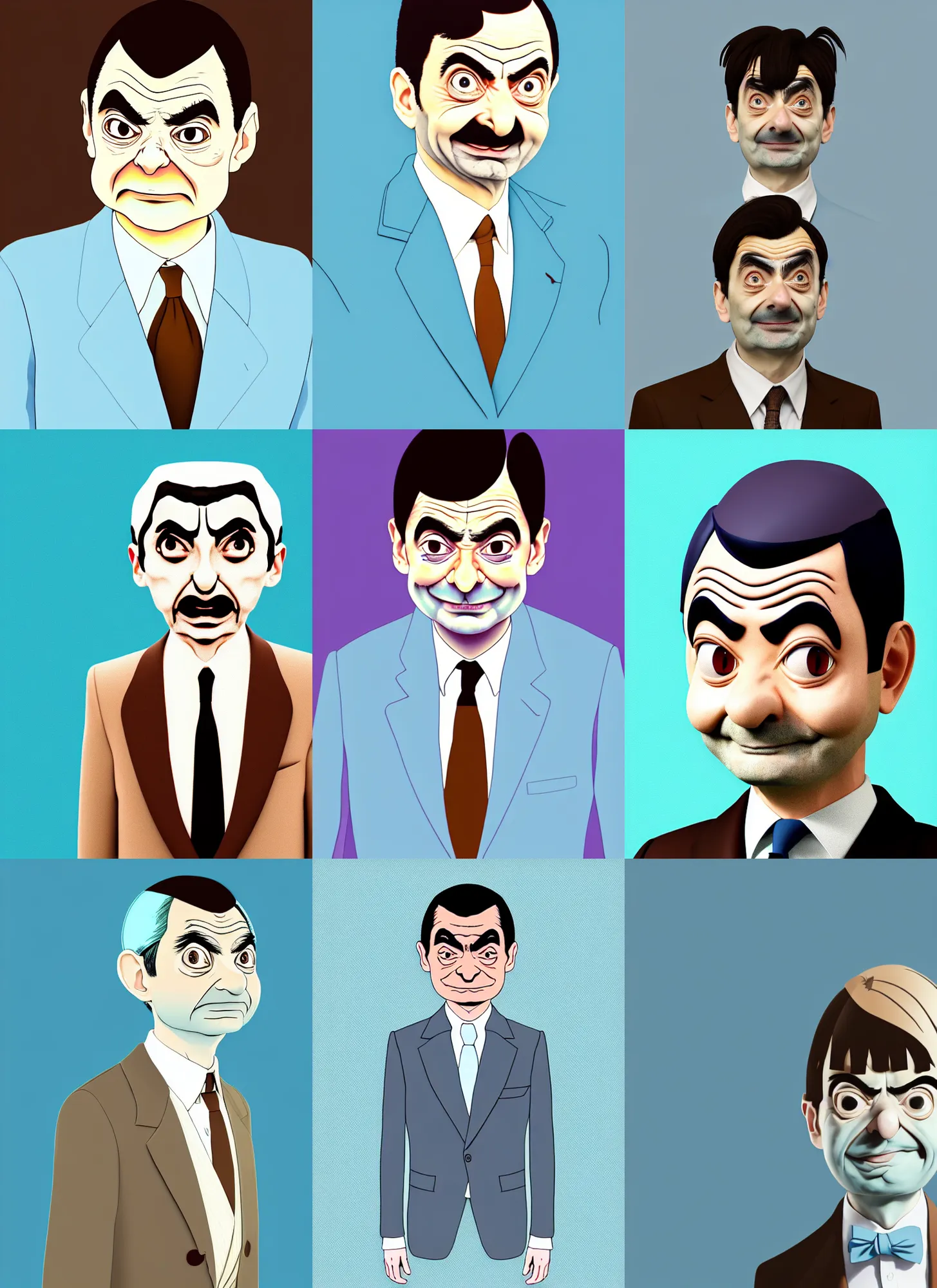 Prompt: portrait of a mr. bean, in style of waerloga zhuo, dynamic lighting, gradient light blue, brown, blonde cream and white color scheme, anime aesthetic