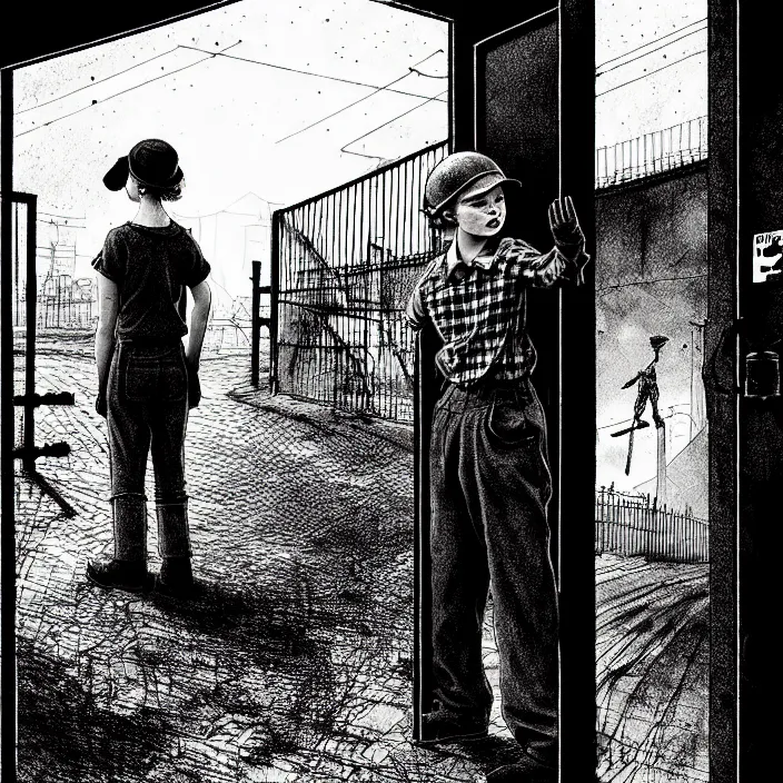 Image similar to sadie sink in dirty workmen clothes waves goodbye to workmen. near a gate. background : factory, dirty, polluted. technique : black and white pencil and ink. by gabriel hardman, joe alves, chris bonura. cinematic atmosphere, detailed and intricate, perfect anatomy