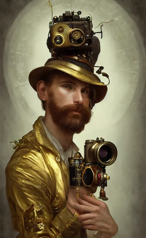 Image similar to hyper realistic male photographer looking through a vintage steampunk medium format camera, design on white background, beautiful details, lush foliage cyberpunk, gold, drawn by john singer sargent, tom bagshaw, norman rockwell, alphonso mucha, lolish, trending on artstation