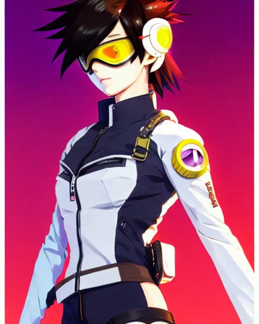 Image similar to Anime as Tracer Overwatch wearing leather-coat; wearing snowmask || cute-fine-face, pretty face, realistic shaded Perfect face, fine details. Anime. realistic shaded lighting poster by Ilya Kuvshinov katsuhiro otomo ghost-in-the-shell, magali villeneuve, artgerm, Jeremy Lipkin and Michael Garmash and Rob Rey as Overwatch Tracer cute smile